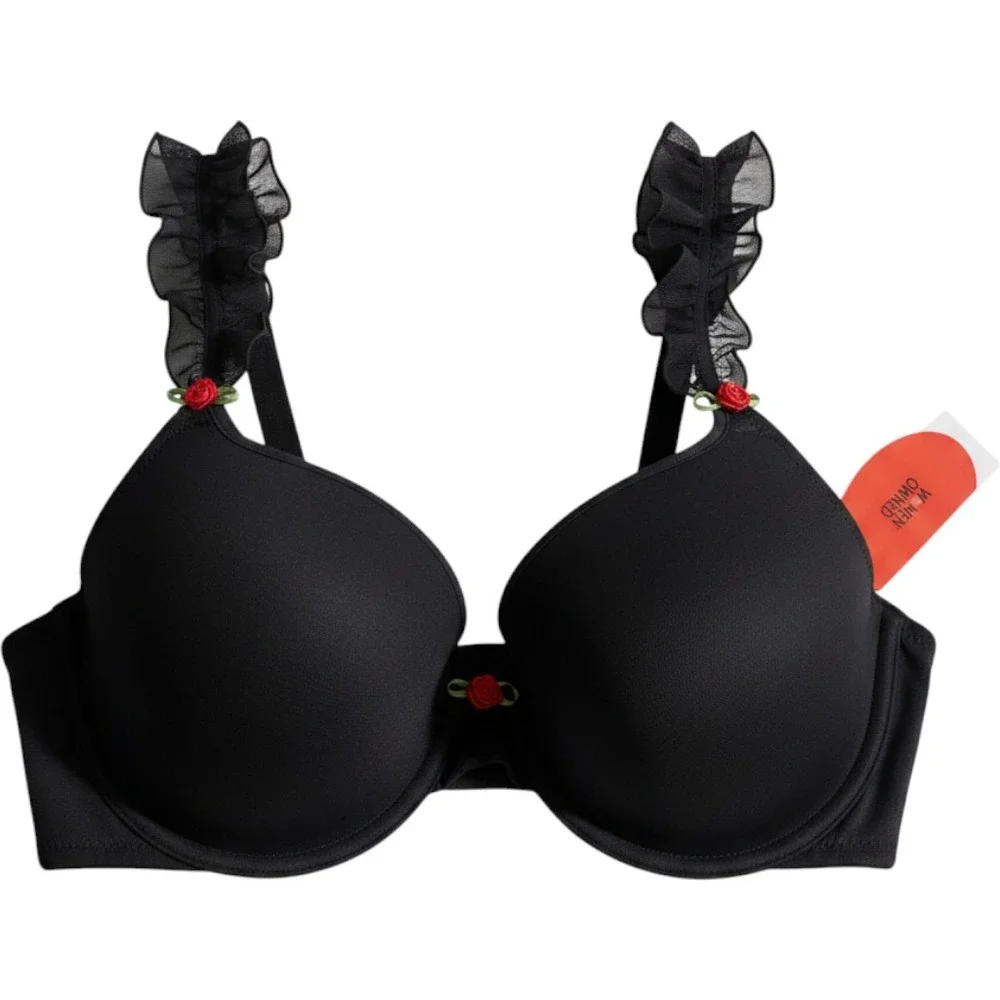 Parade T-Shirt Bra Womens Black Padded Cup Silky Mesh Ruffle Rose Small